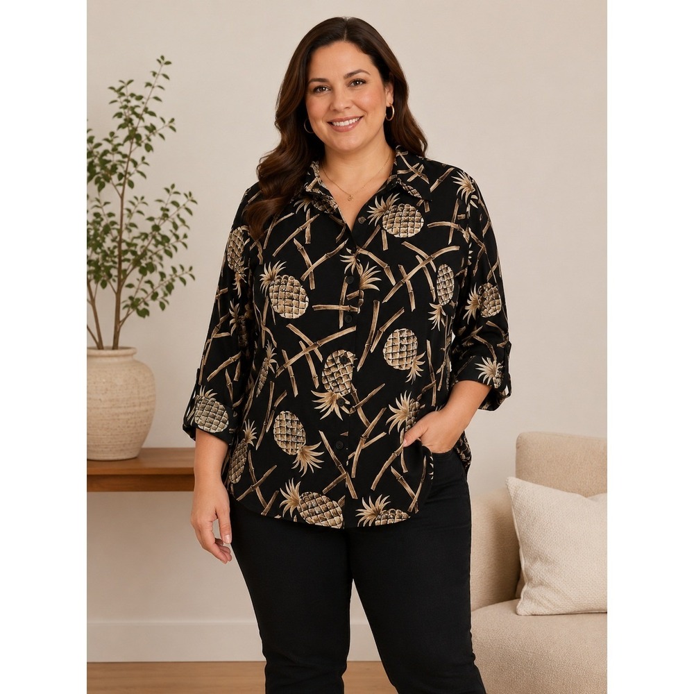 Silk Land‎ 100% Silk Blouse Womens Large Black Pineapple Sequins Luxury Aloha